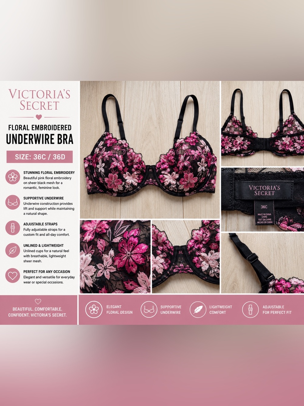 Victoria’s Secret Floral Embroidered Unlined Underwire Bra Pink Black Lace 36C